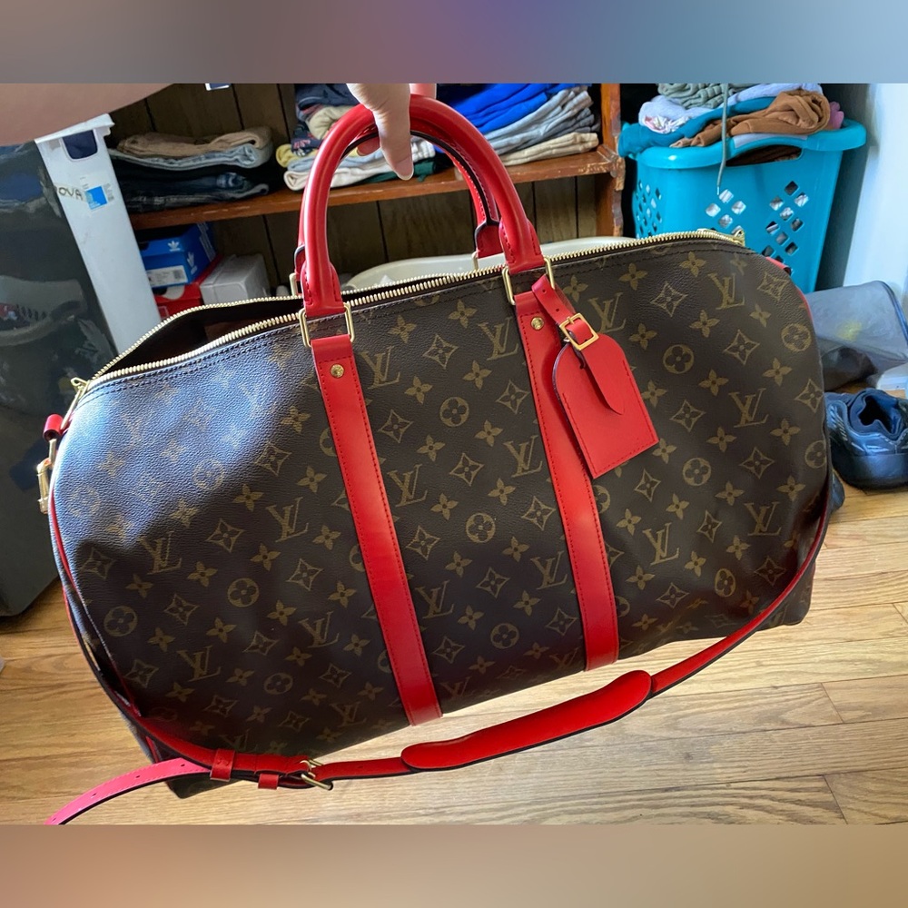 LOUIS VUITTON 
Calfskin Monogram Keepall Bandouliere 50 Coquelicot